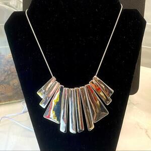 Metal Silver Tone Paneled Fan Statement graduated sizes Necklace